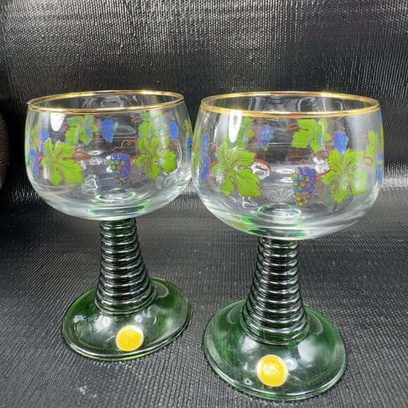 Arcoroc France Roemer Glasses Green Beehive Stem Set 2 Cups With Grape Pattern - Picture 11 of 11